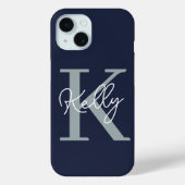Modern Navy Blue Monogram Script Case-Mate iPhone Hülle (Rückseite)