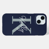 Modern Navy Blue Monogram Script Case-Mate iPhone Hülle (Rückseite (Horizontal))