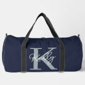 Modern Navy Blue Monogram Script Duffle Bag (Vorderseite)