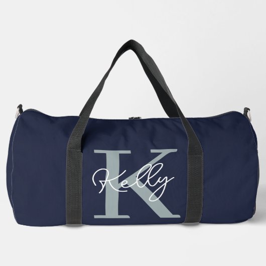 Modern Navy Blue Monogram Script Duffle Bag (Vorderseite)