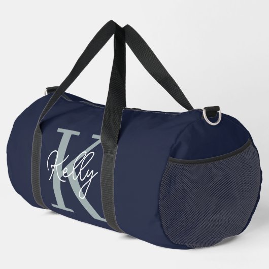 Modern Navy Blue Monogram Script Duffle Bag (Rechte Ecke)