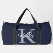 Modern Navy Blue Monogram Script Duffle Bag (Rückseite)