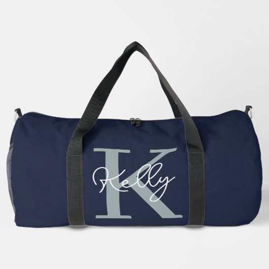 Modern Navy Blue Monogram Script Duffle Bag (Rückseite)