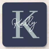 Modern Navy Blue Monogram Script Getränkeuntersetzer (Vorderseite)