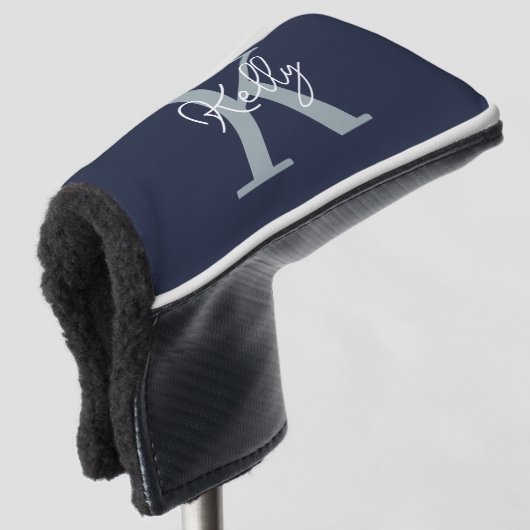 Modern Navy Blue Monogram Script Golf Headcover (3/4 Vorderseite)