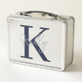 Modern Navy Blue Monogram Script Metall Brotdose (Rückseite)