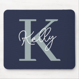 Modern Navy Blue Monogram Script Mousepad
