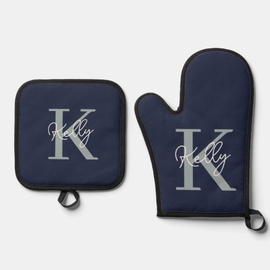 Modern Navy Blue Monogram Script Ofenhandschuh & Topflappen-Set (Vorderseite)