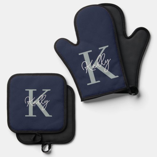 Modern Navy Blue Monogram Script Ofenhandschuh & Topflappen-Set (Vorderseite/Rückseite)