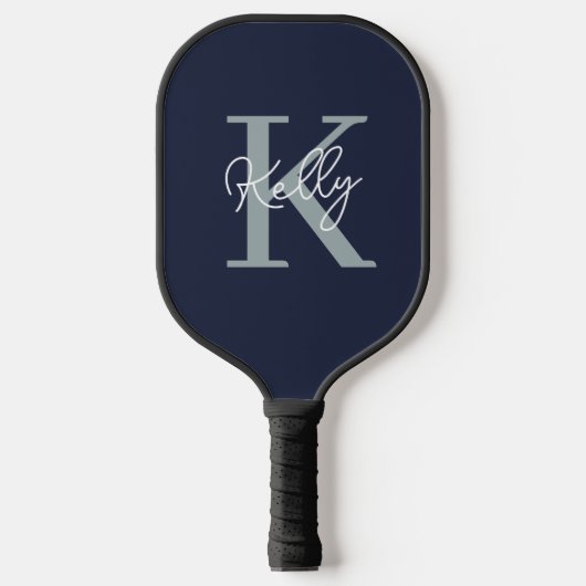 Modern Navy Blue Monogram Script Pickleball Schläger (Vorderseite)