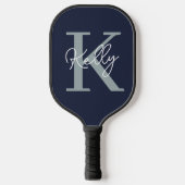 Modern Navy Blue Monogram Script Pickleball Schläger (Vorderseite)
