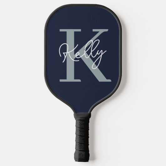 Modern Navy Blue Monogram Script Pickleball Schläger (Rückseite)