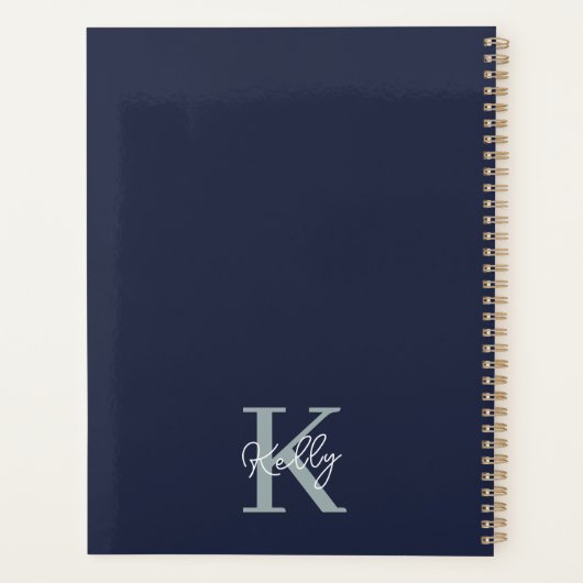 Modern Navy Blue Monogram Script Planer (Rückseite)