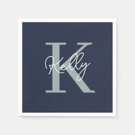 Modern Navy Blue Monogram Script Serviette
