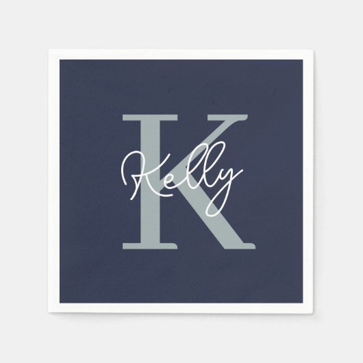 Modern Navy Blue Monogram Script Serviette (Vorderseite)