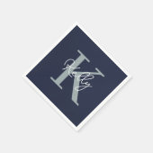Modern Navy Blue Monogram Script Serviette (Ecke)