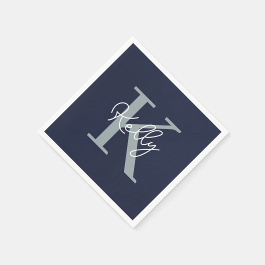 Modern Navy Blue Monogram Script Serviette (Ecke)