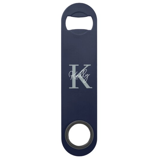 Modern Navy Blue Monogram Script Speed Flaschenöffner (Vorderseite)