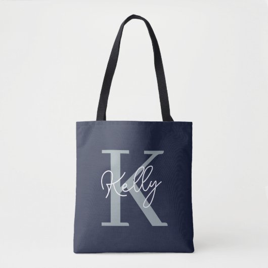 Modern Navy Blue Monogram Script Tasche (Vorderseite)