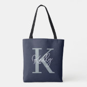 Modern Navy Blue Monogram Script Tasche (Rückseite)