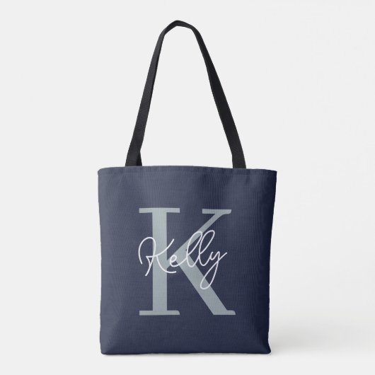 Modern Navy Blue Monogram Script Tasche (Rückseite)