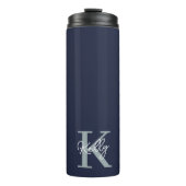 Modern Navy Blue Monogram Script Thermosbecher (Vorderseite)