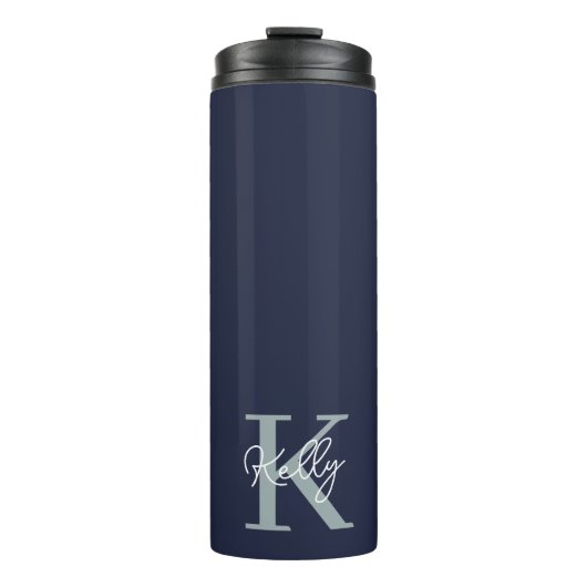 Modern Navy Blue Monogram Script Thermosbecher (Vorderseite)