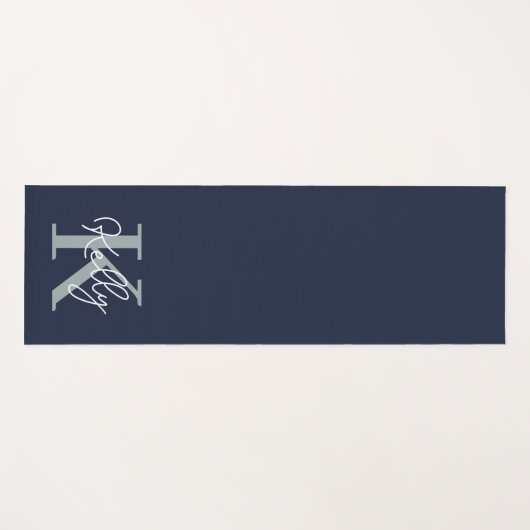 Modern Navy Blue Monogram Script Yogamatte (Vorderseite (Horizontal))