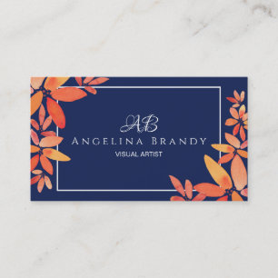 Modern Navy Blue & Orange Floral Business Card Visitenkarte