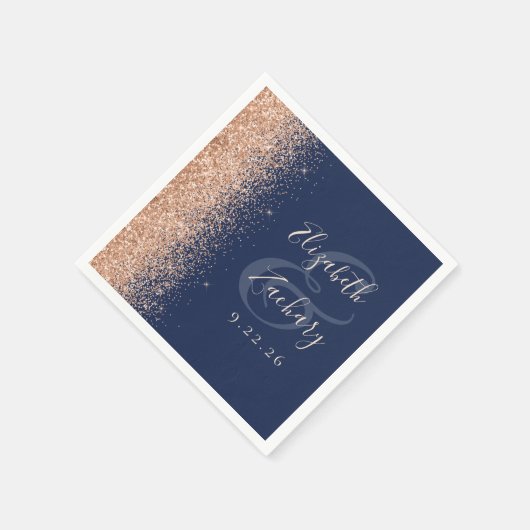 Modern Navy Blue Peach Glitter Wedding Serviette (Ecke)
