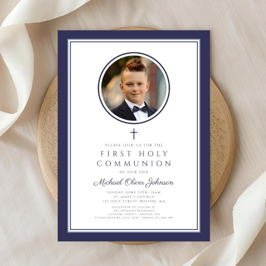 Modern Navy Blue Photo Boy First Communion Einladung