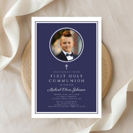 Modern Navy Blue Photo Boy First Communion Einladung