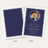 Modern Navy Blue Photo Boy First Communion Einladung
