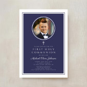 Modern Navy Blue Photo Boy First Communion Einladung
