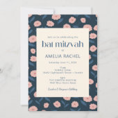 Modern Navy Blue Pink Boho Floral Bat Mitzvah Einladung (Vorderseite)