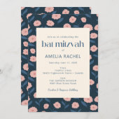 Modern Navy Blue Pink Boho Floral Bat Mitzvah Einladung (Vorne/Hinten)