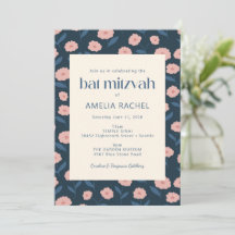 Modern Navy Blue Pink Boho Floral Bat Mitzvah