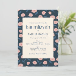 Modern Navy Blue Pink Boho Floral Bat Mitzvah Einladung
