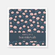 Modern Navy Blue Pink Boho Floral Bat Mitzvah