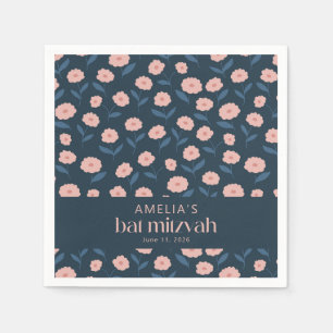 Modern Navy Blue Pink Boho Floral Bat Mitzvah Serviette