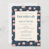 Modern Navy Blue Pink Boho Floral Bat Mitzvah UAWG Einladung (Vorderseite)