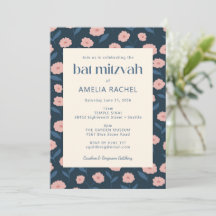 Modern Navy Blue Pink Boho Floral Bat Mitzvah UAWG