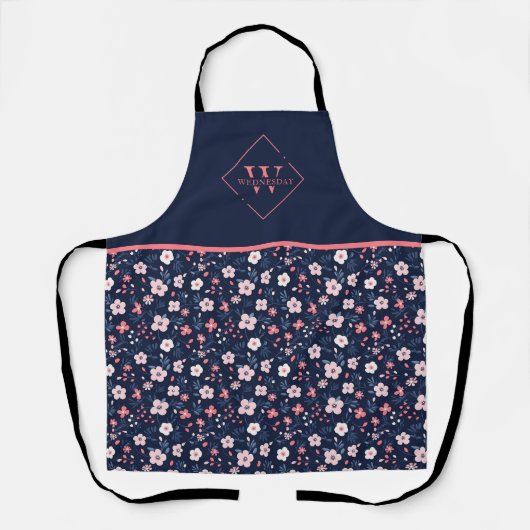 Modern Navy Blue Pink Floral Monogram Schürze (Vorderseite)