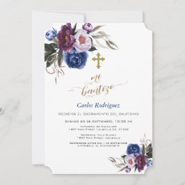 Modern Navy Blue Purple Flowers Boy Mi Bautizo Einladung