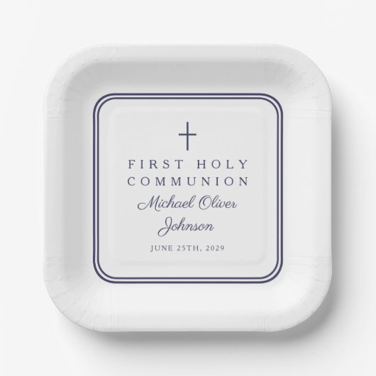 Modern Navy Blue Religious Boy First Communion Pappteller (Vorderseite)