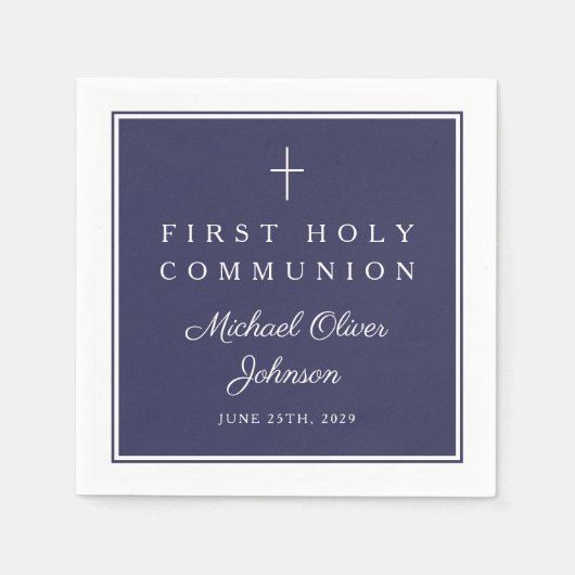 Modern Navy Blue Religious Boy First Communion Serviette (Vorderseite)