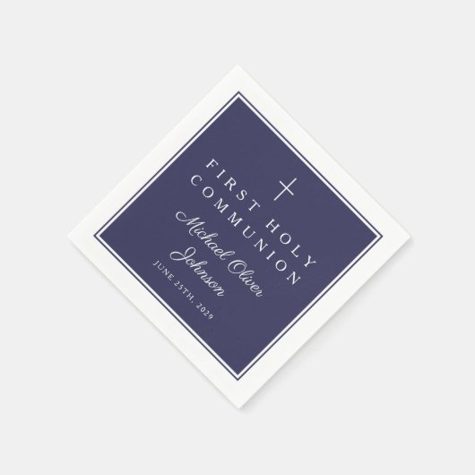 Modern Navy Blue Religious Boy First Communion Serviette (Ecke)