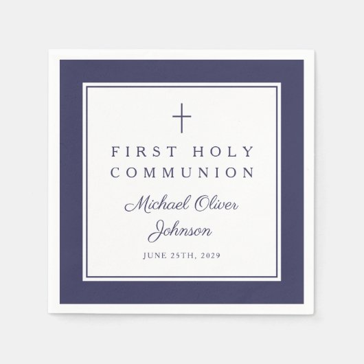 Modern Navy Blue Religious Boy First Communion Serviette (Vorderseite)