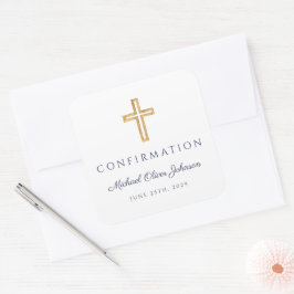 Modern Navy Blue Religious Cross Boy Confirmation Quadratischer Aufkleber