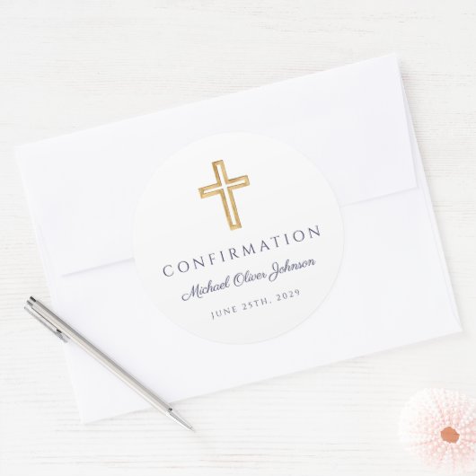Modern Navy Blue Religious Cross Boy Confirmation Runder Aufkleber (Umschlag)